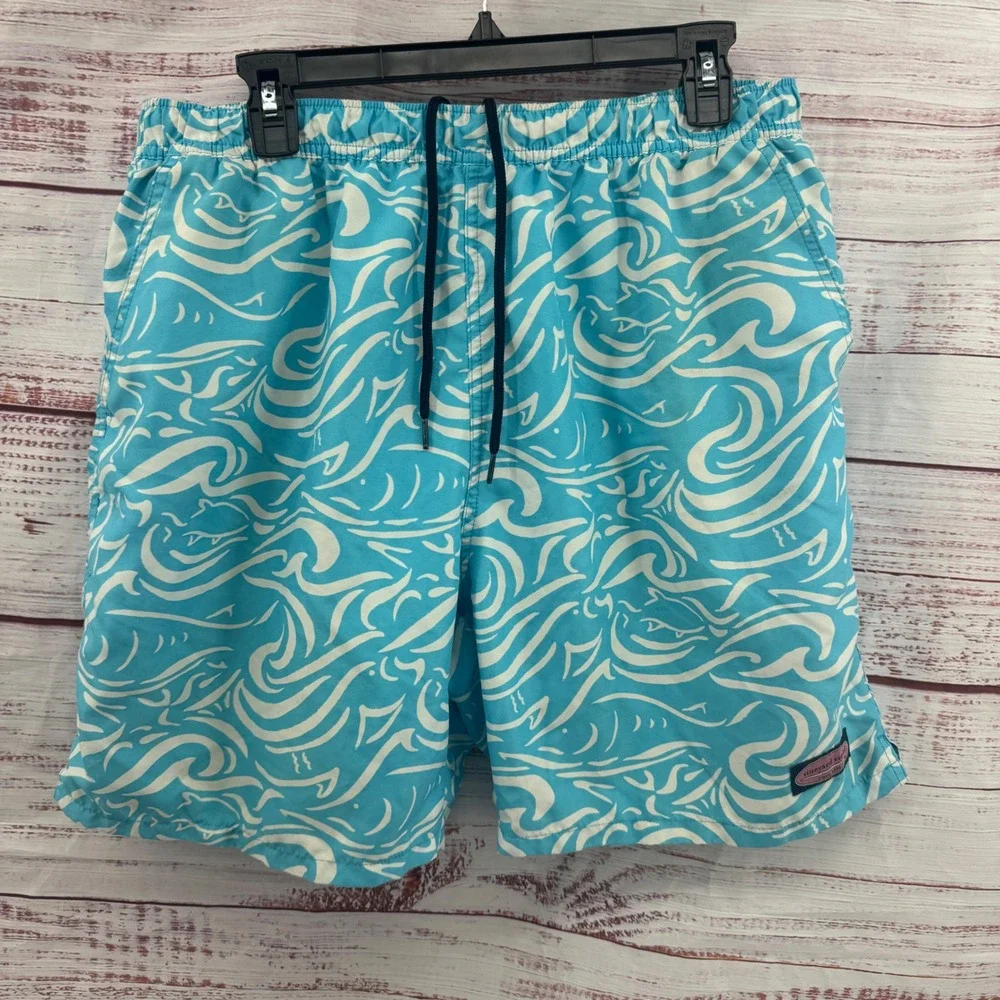 Vineyard Vines Swim Trunks Shorts Mens Size Large Fish Wave‎ Print lined